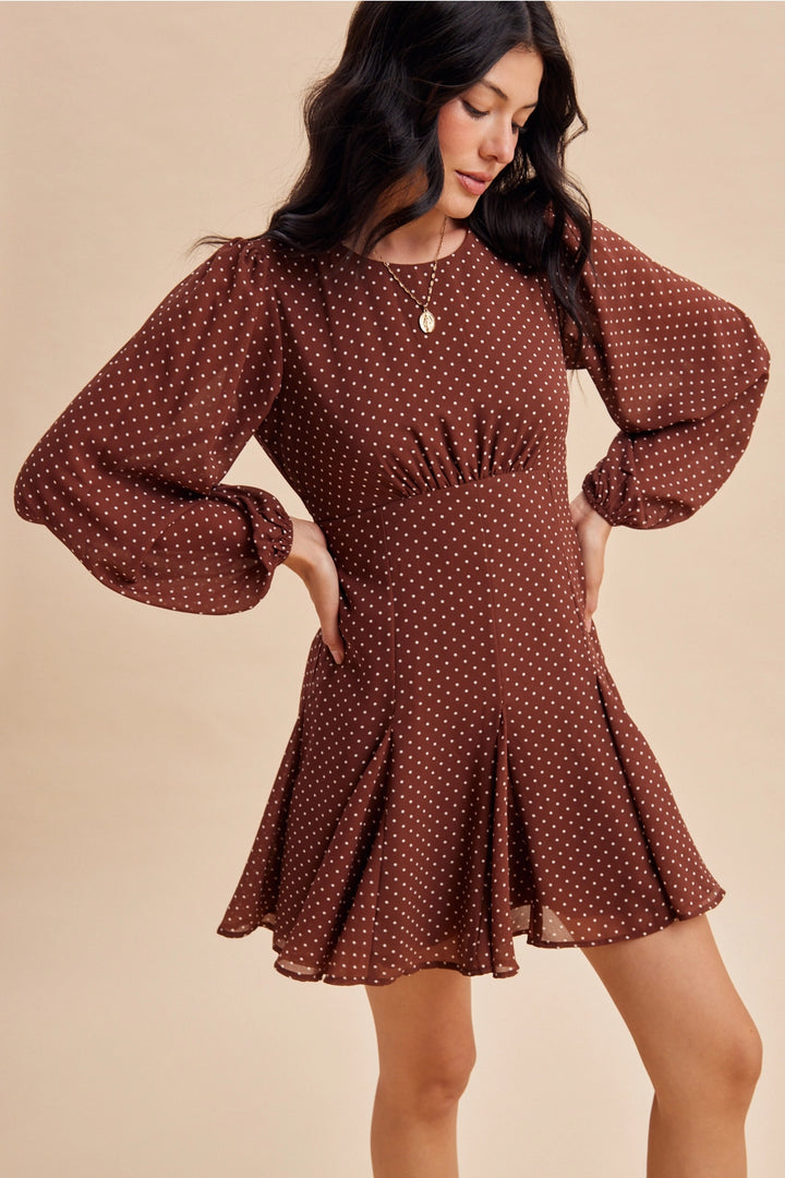 Polka Dot Flared Mini Dress- Brown
