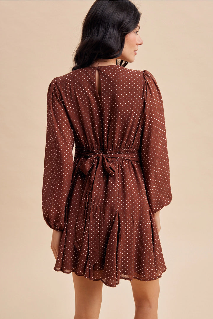 Polka Dot Flared Mini Dress- Brown
