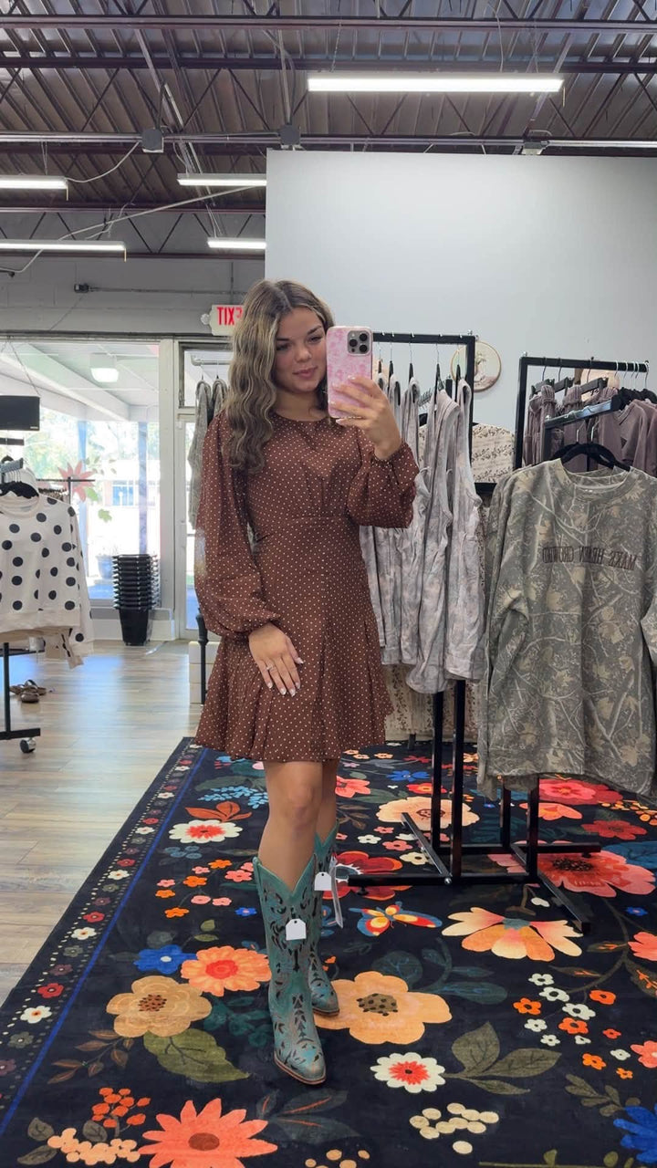 Polka Dot Flared Mini Dress- Brown