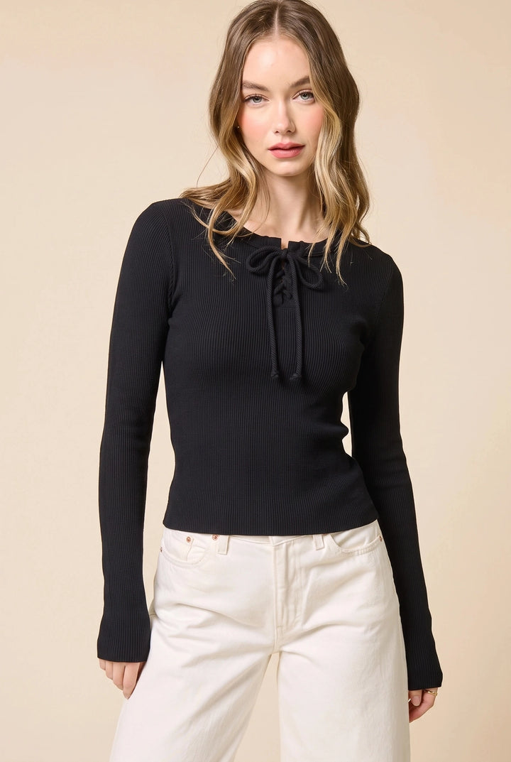 Black Lace Up Ribbed Long Sleeve Top