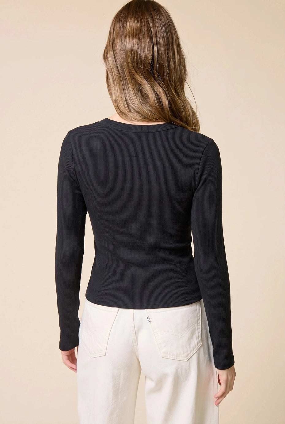 Black Lace Up Ribbed Long Sleeve Top