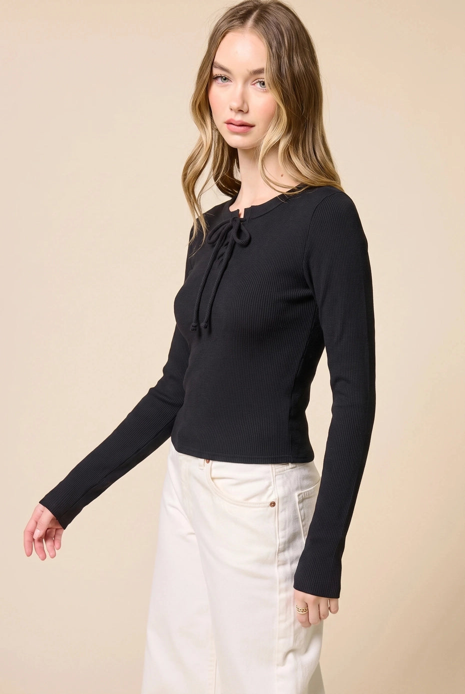 Black Lace Up Ribbed Long Sleeve Top