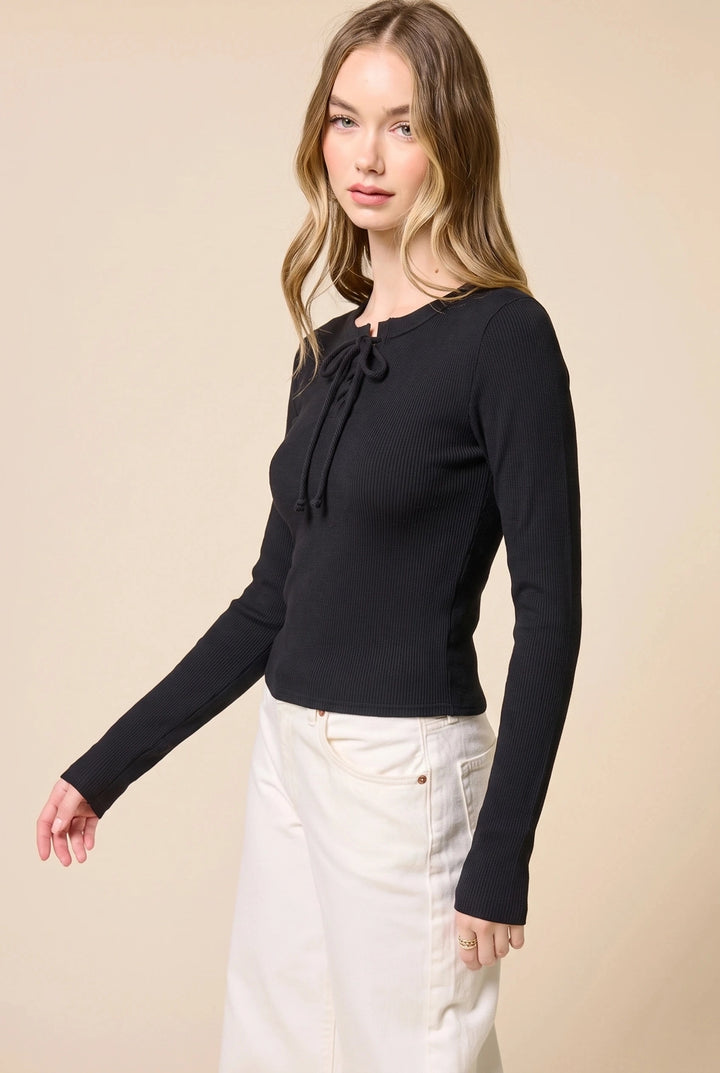Black Lace Up Ribbed Long Sleeve Top