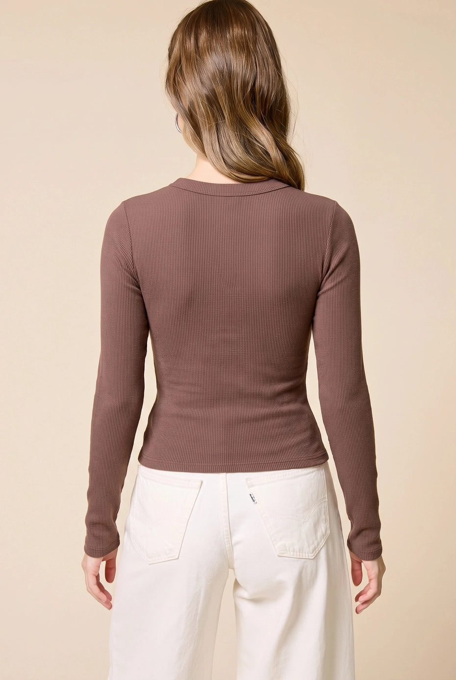Brown Lace Up Ribbed Long Sleeve