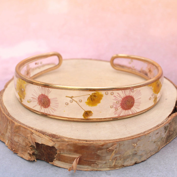 Yellow &amp; Pink Dried Flower Gold Cuff Bracelet