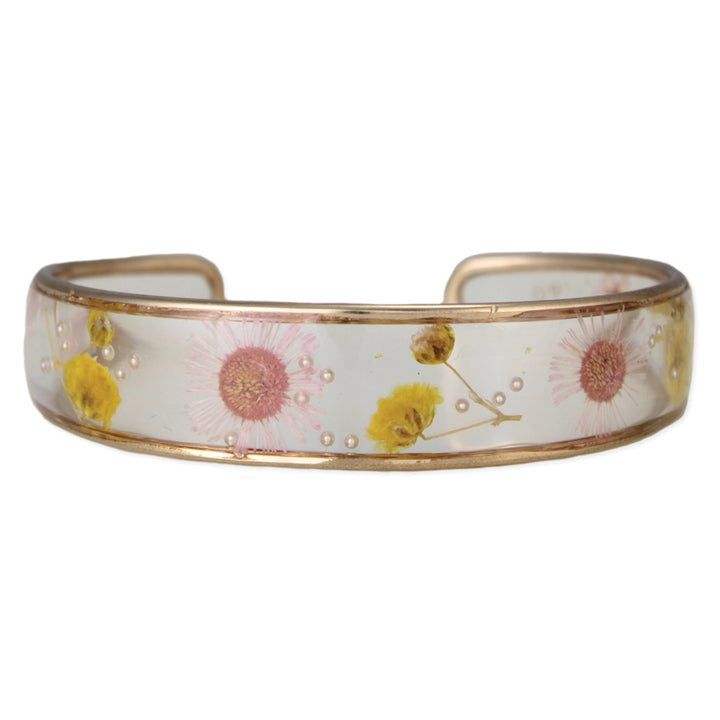 Yellow &amp; Pink Dried Flower Gold Cuff Bracelet