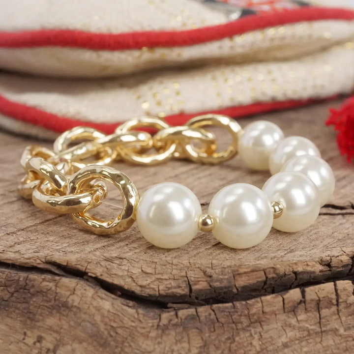 Chunky Chain and Pearls Beads Bracelet Gold Tone
