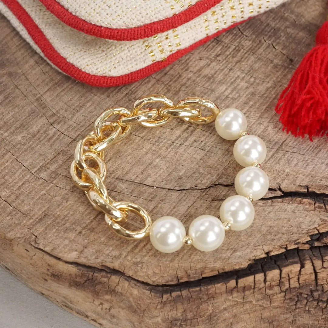 Chunky Chain and Pearls Beads Bracelet Gold Tone