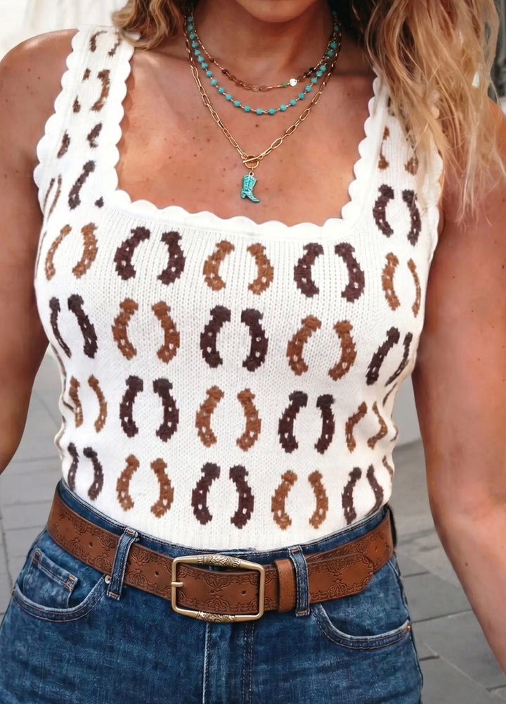 Western Print Scalloped Trim Tank Top