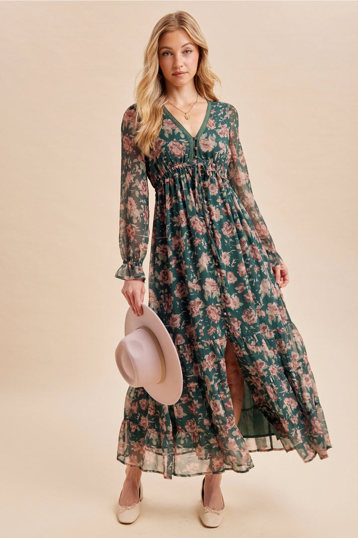 Floral Buttoned Maxi Dress- Eucalyptus