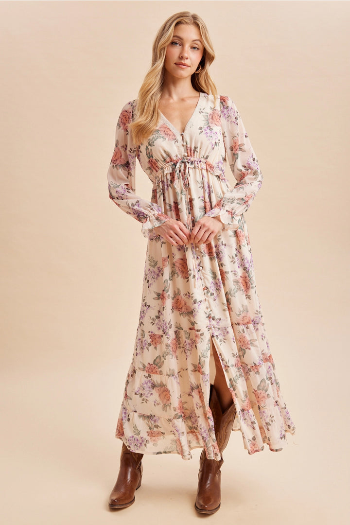 In Loom Floral Button Down Maxi Dress- Cream