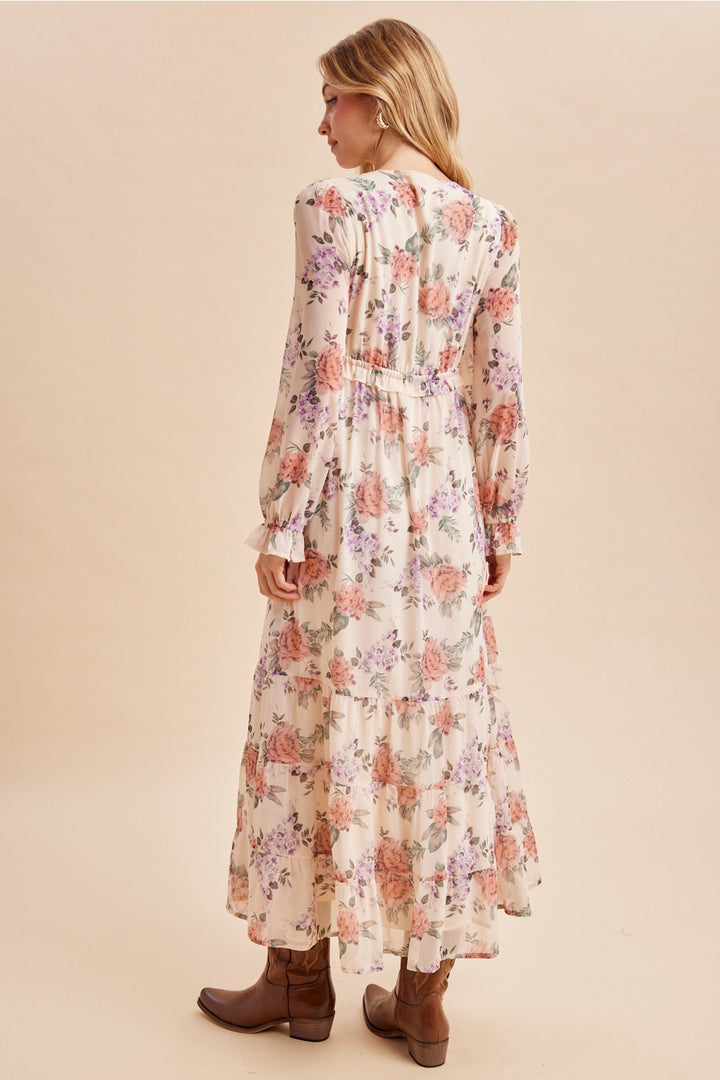 In Loom Floral Button Down Maxi Dress- Cream