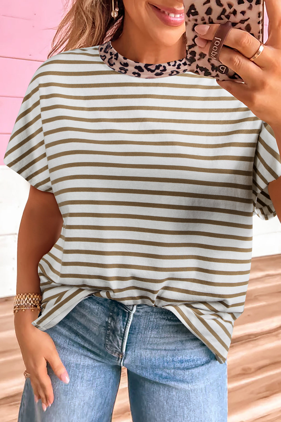 Khaki Stripe Leopard Patchwork Round Neck Loose T Shirt