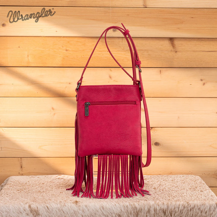 Wrangler Leather Fringe Jean Denim Pocket Crossbody - Hot Pink