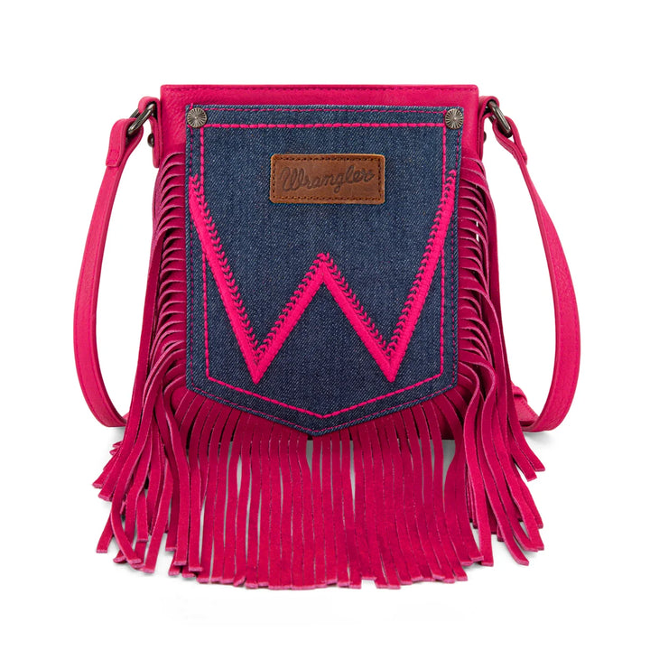 Wrangler Leather Fringe Jean Denim Pocket Crossbody - Hot Pink