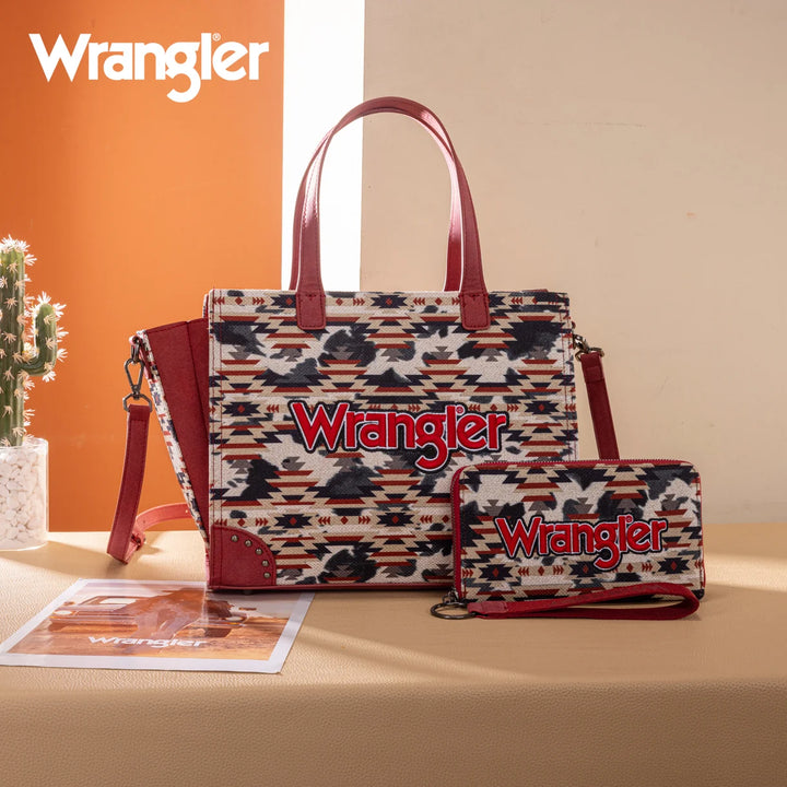 Wrangler Aztec Print Tote/Crossbody Wallet Set- Red