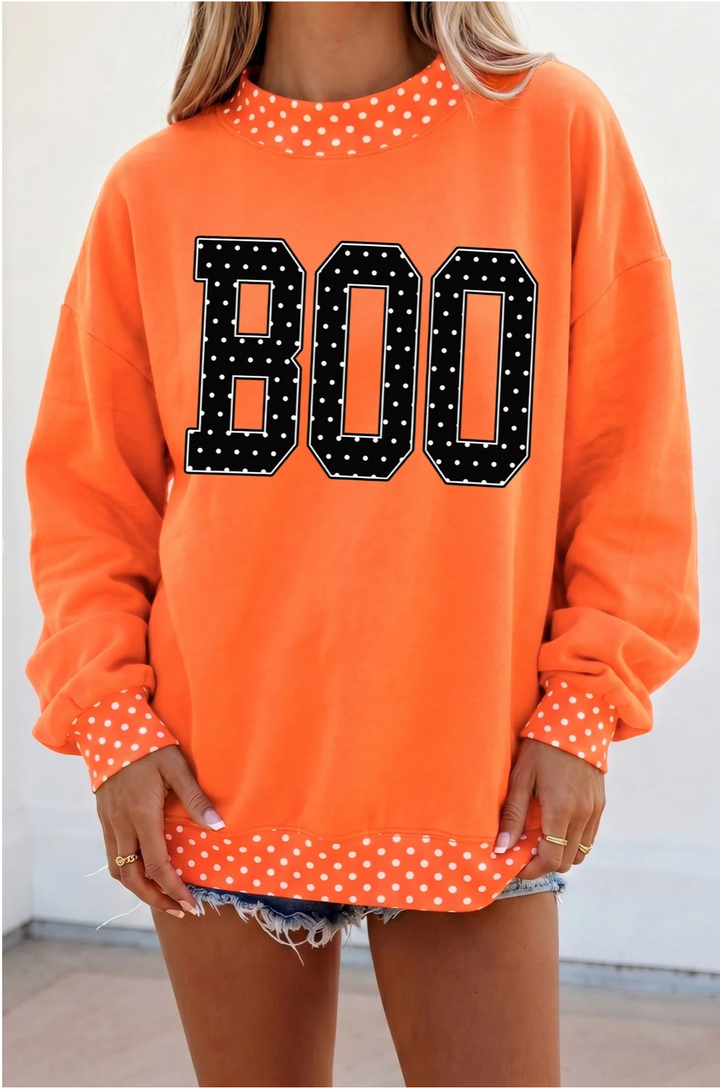 "BOO" Polka Dot Orange Mock Neck
