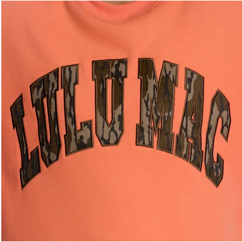 Lulu Mac Orange Mossy Oak Bottomland Camo Crewneck
