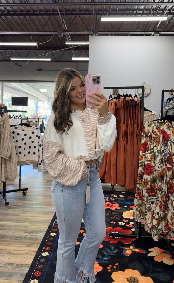 Gingham Patchwork Long Sleeve Blouse