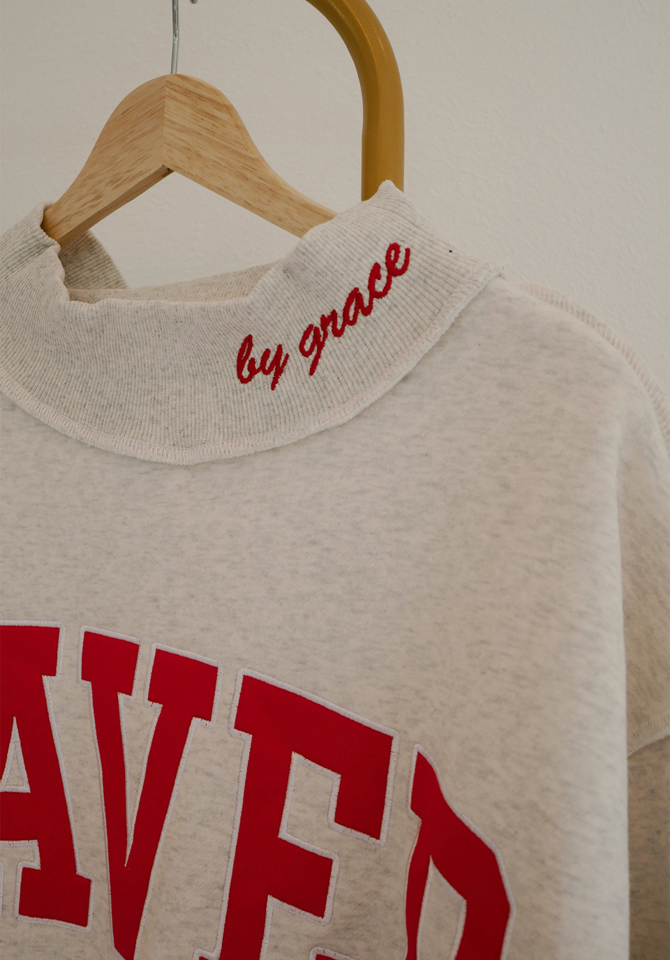 "Saved By Grace" Gray Mock Neck With Red Lettering