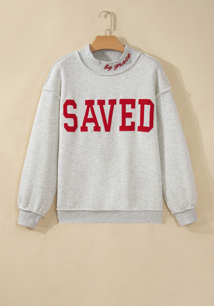 "Saved By Grace" Gray Mock Neck With Red Lettering