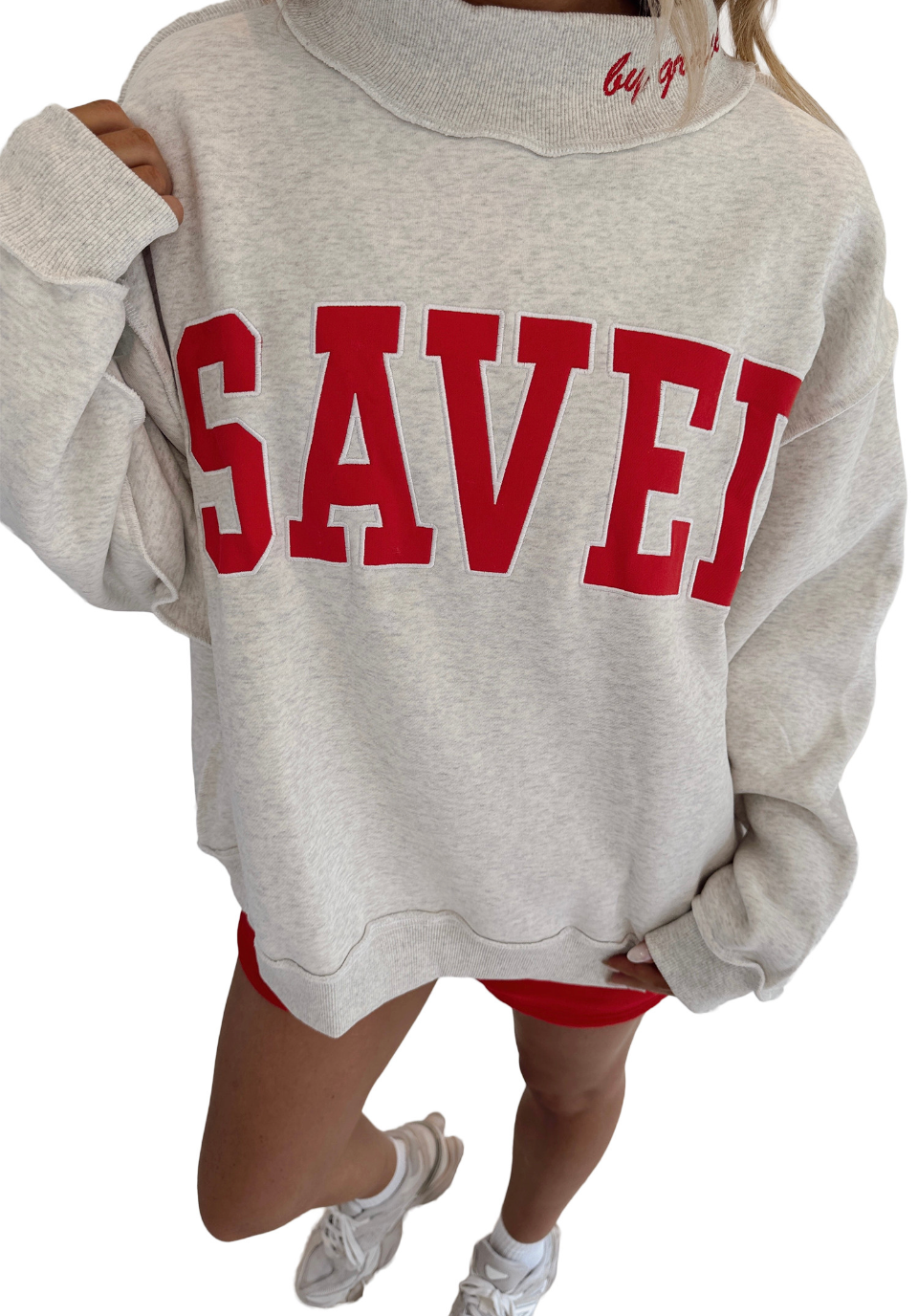 "Saved By Grace" Gray Mock Neck With Red Lettering