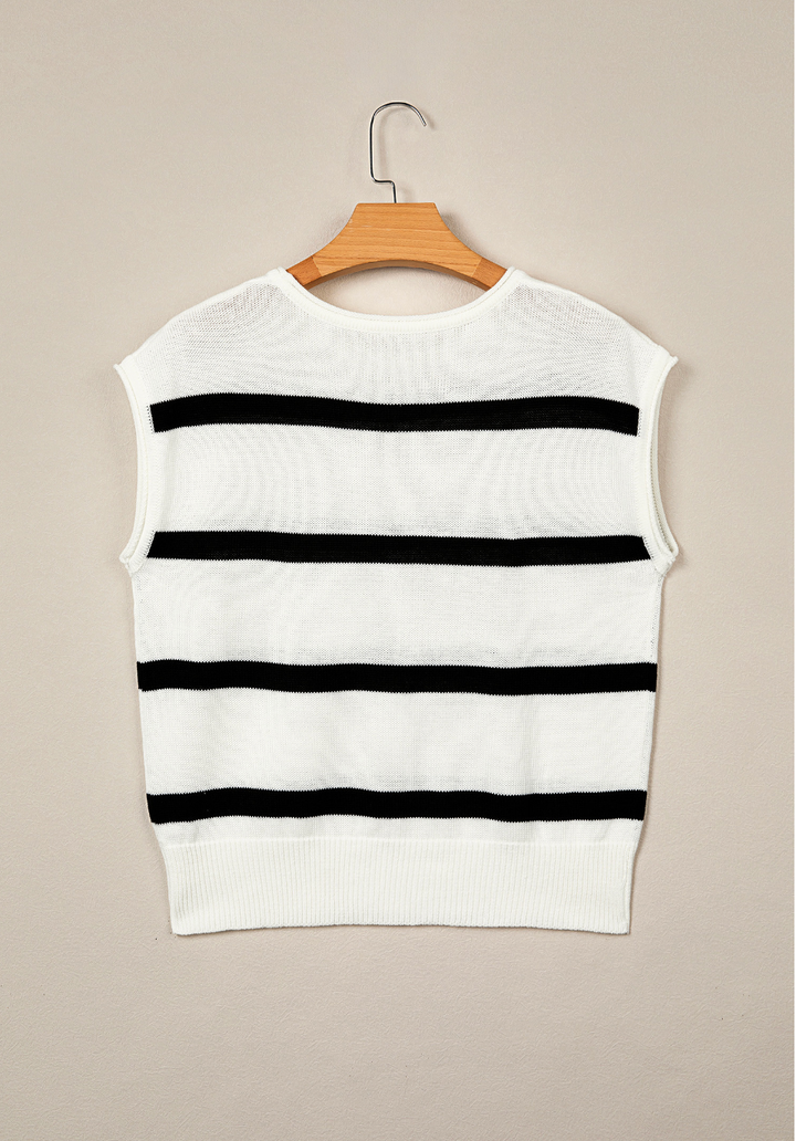 Black and White Stripped Short Sleeve Knitted Top