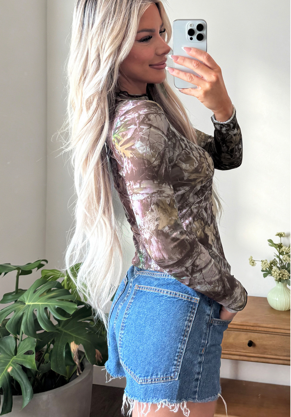 Camo Long Sleeve Mesh Top