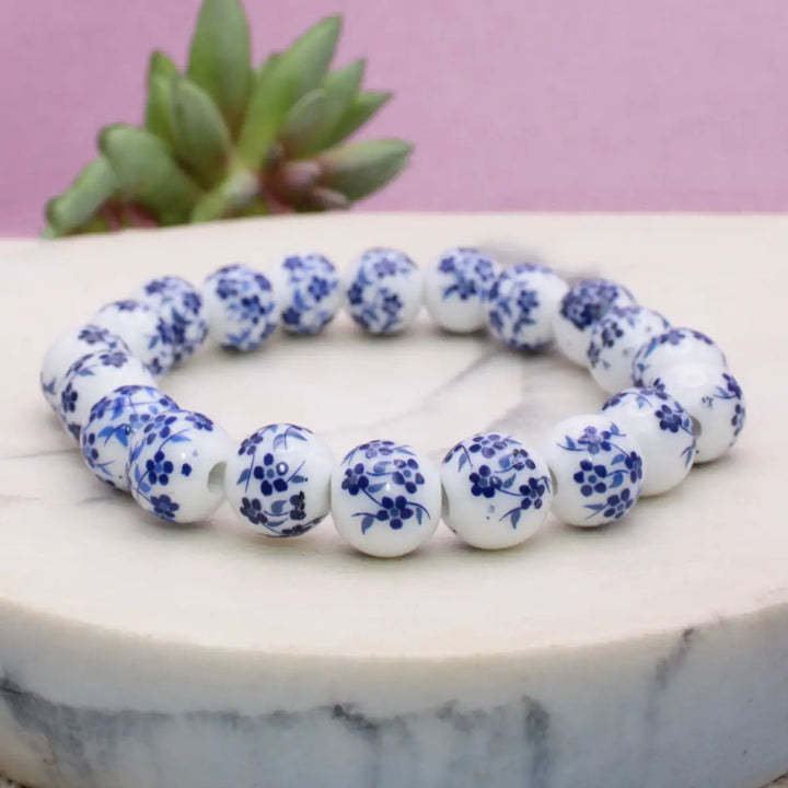 Vintage White And Blue Ceramic Beaded Bracelet
