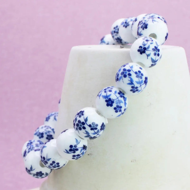 Vintage White And Blue Ceramic Beaded Bracelet
