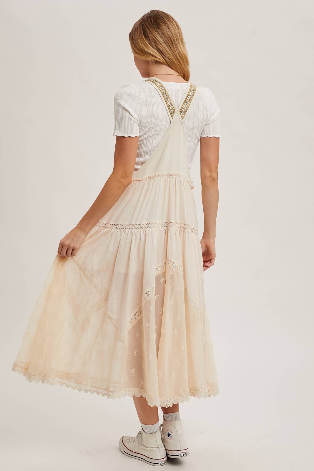 LACE EMBROIDERED TULLE BIB MAXI DRESS WITH LINING