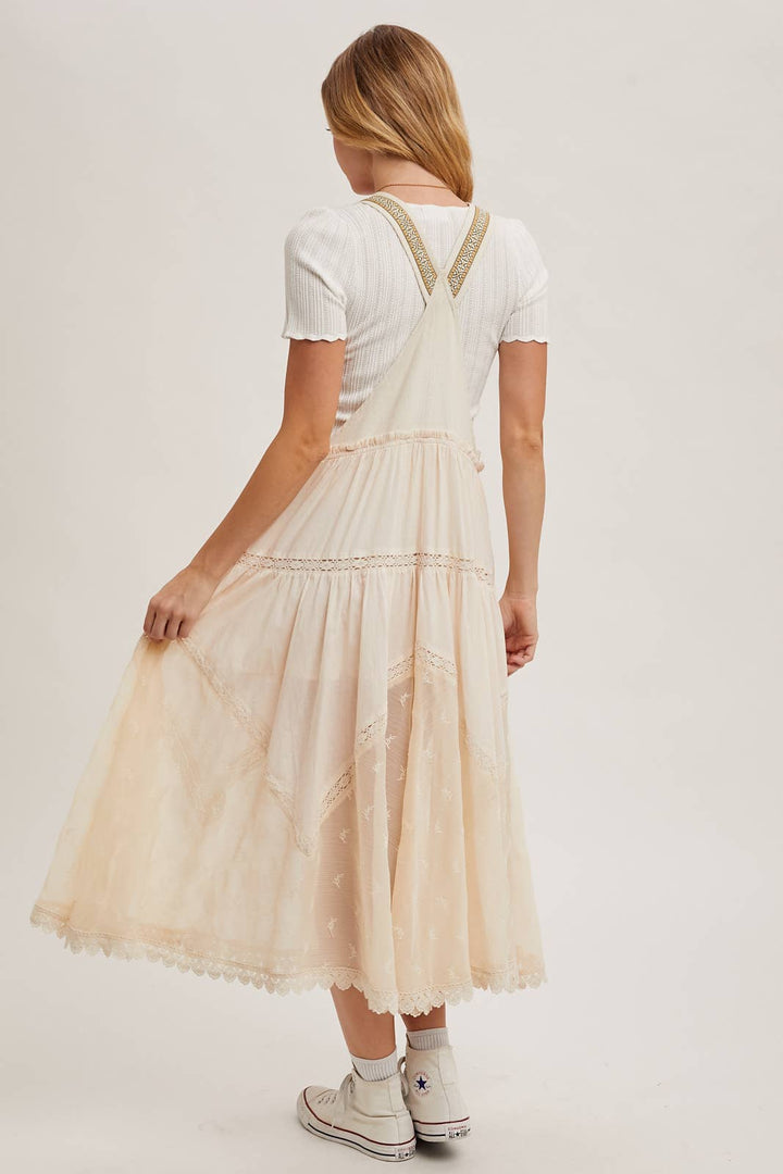 LACE EMBROIDERED TULLE BIB MAXI DRESS WITH LINING