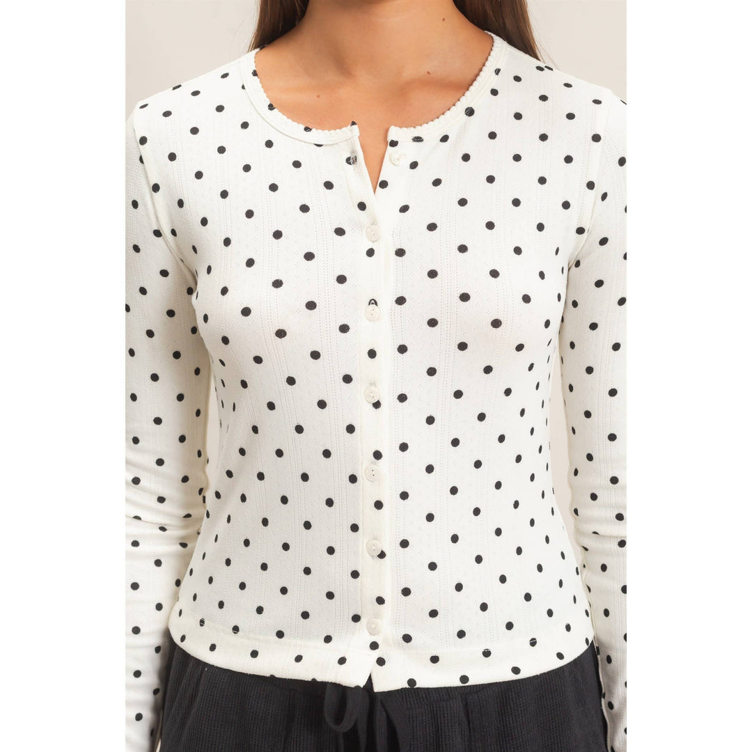 Polka Dot Button Front Long Sleeve Top