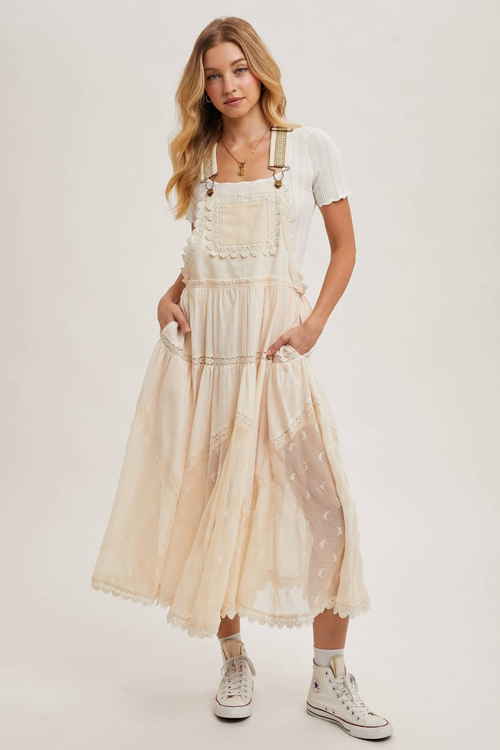 LACE EMBROIDERED TULLE BIB MAXI DRESS WITH LINING