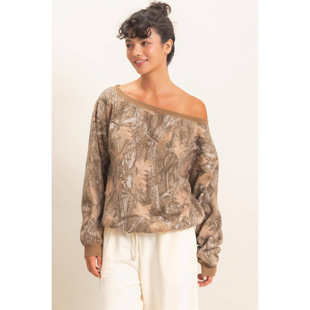 Tree Camouflage Print Off The Shoulder Sweatshirt