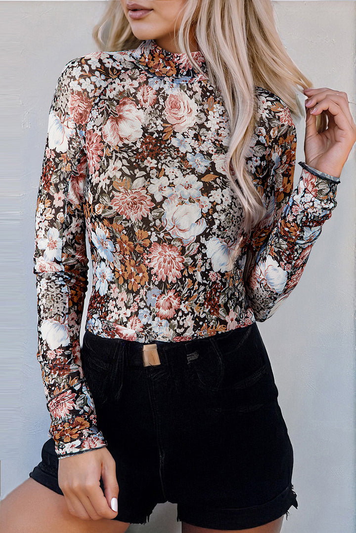 Black Floral Long Sleeve High Neck Mesh Top