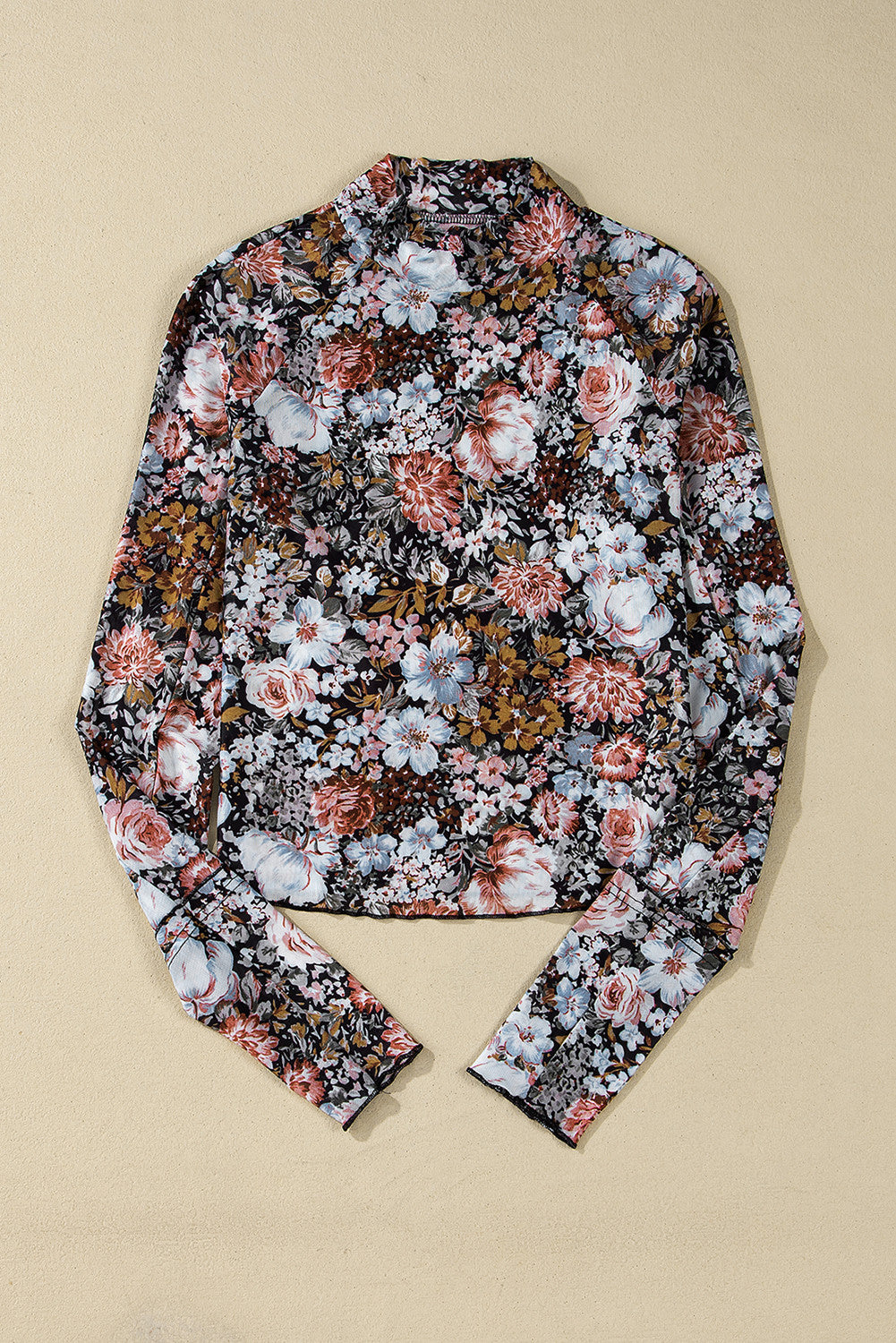 Black Floral Long Sleeve High Neck Mesh Top