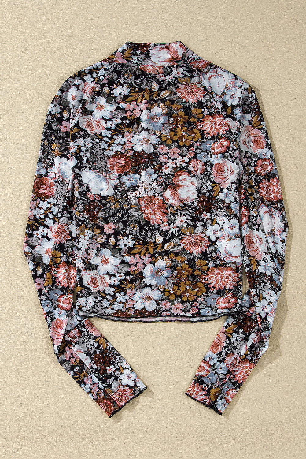 Black Floral Long Sleeve High Neck Mesh Top