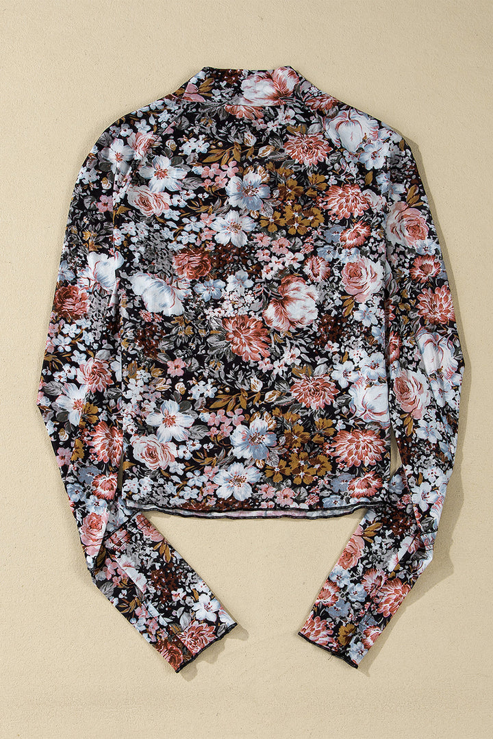 Black Floral Long Sleeve High Neck Mesh Top