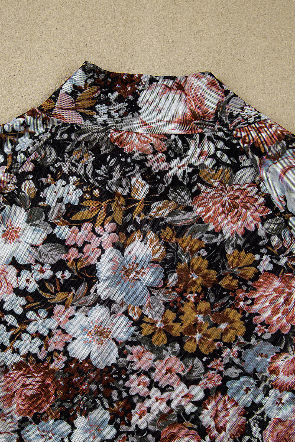 Black Floral Long Sleeve High Neck Mesh Top