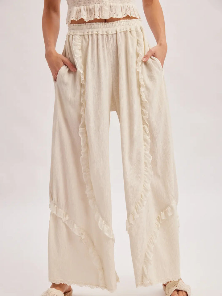 Bluivy Boho Lace Ruffle Trimmed Wide Pants
