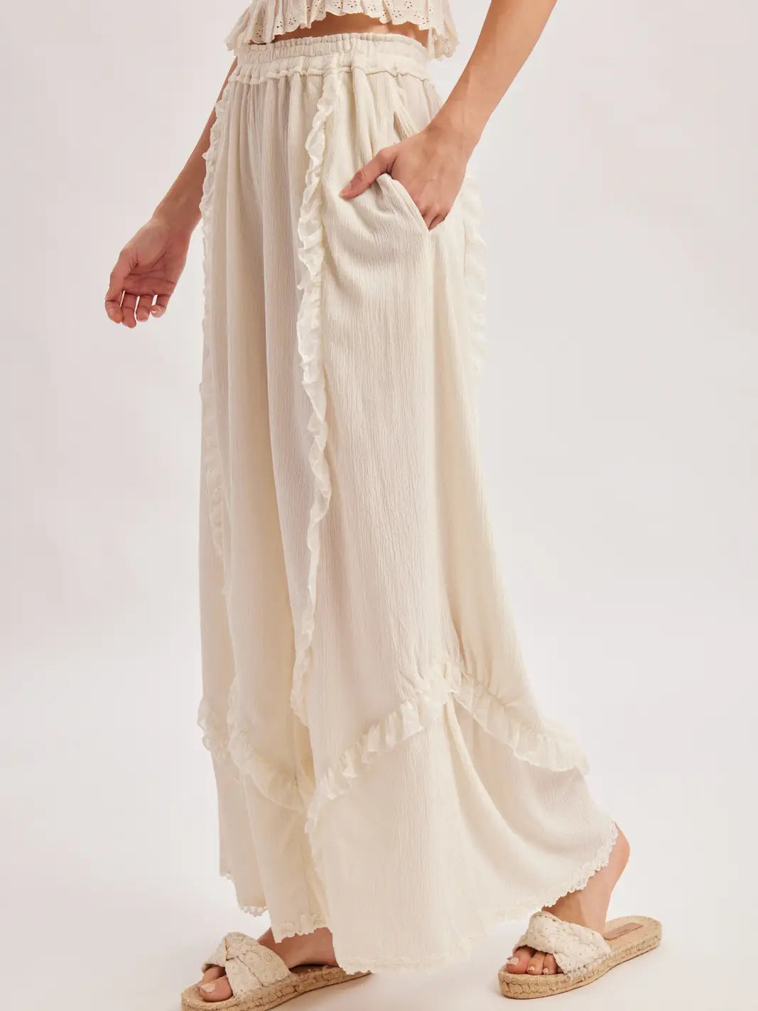 Bluivy Boho Lace Ruffle Trimmed Wide Pants