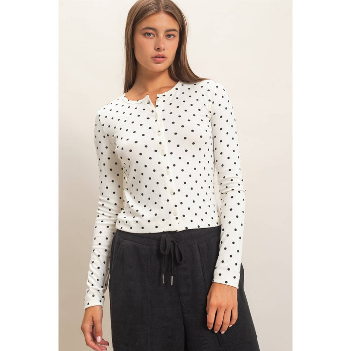 Polka Dot Button Front Long Sleeve Top