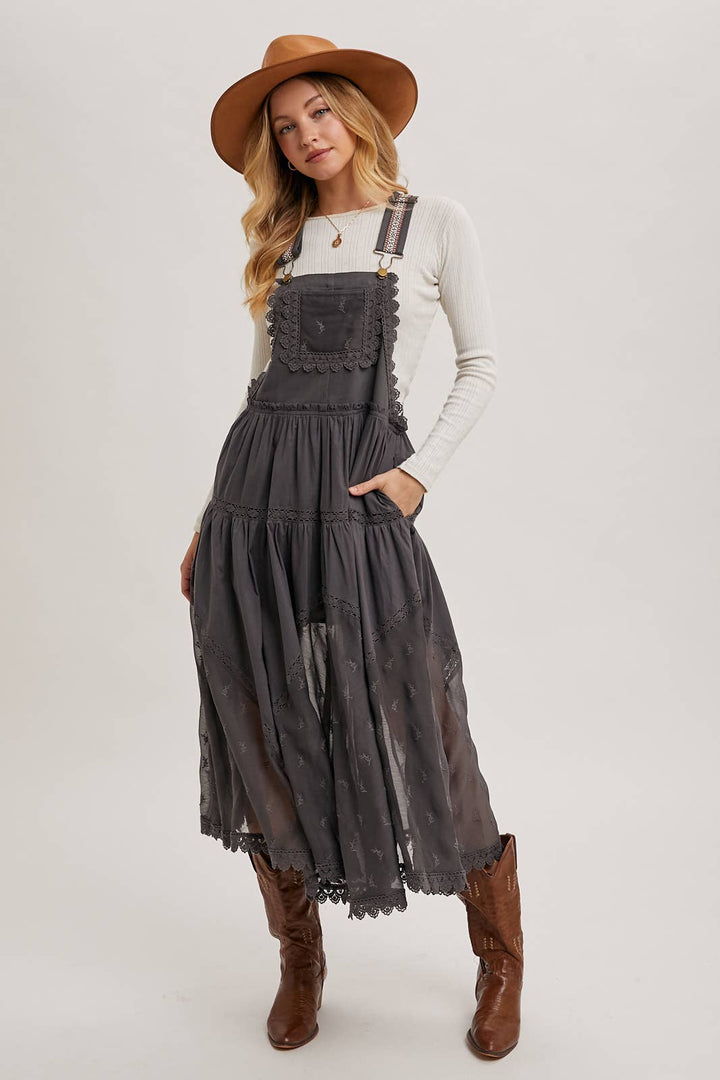 LACE EMBROIDERED TULLE BIB MAXI DRESS WITH LINING