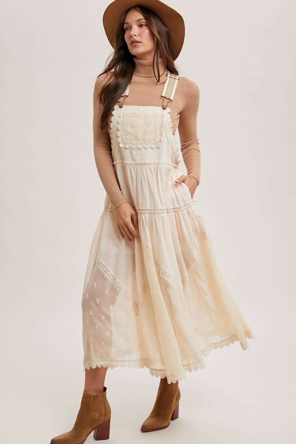 LACE EMBROIDERED TULLE BIB MAXI DRESS WITH LINING