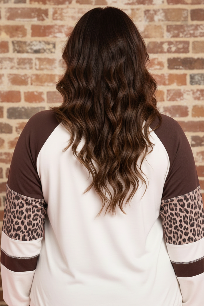 OMG! Plus Size Leopard Colorblock Long Sleeve Blouse