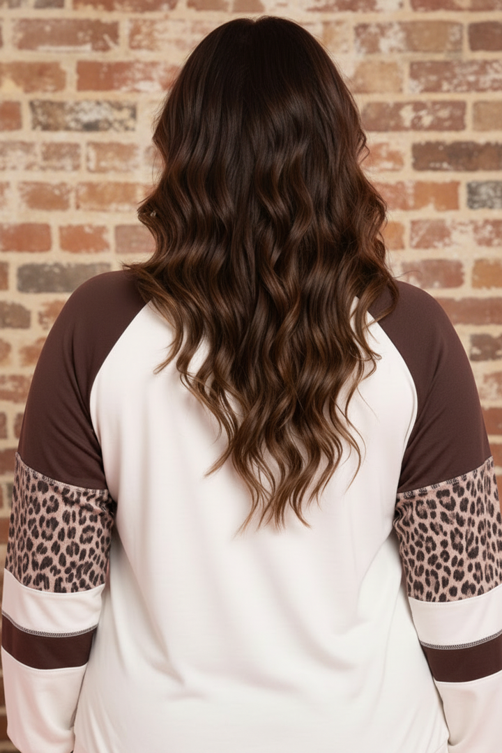 OMG! Plus Size Leopard Colorblock Long Sleeve Blouse