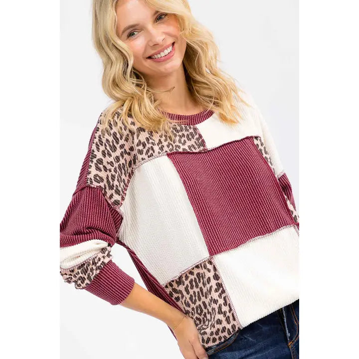 Cheetah &amp; Burgundy Patchwork Sweater