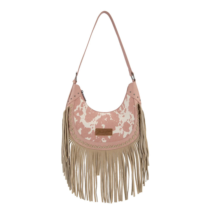 Wrangler Cow Print Fringe Shoulder Hobo Bag - Dark Pink