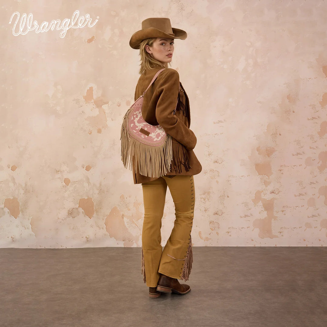Wrangler Cow Print Fringe Shoulder Hobo Bag - Dark Pink